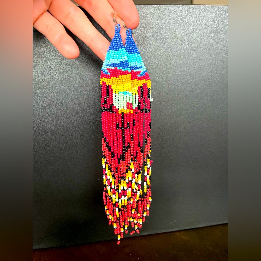 Handmade Long Beaded Fringe Earrings in Red, Blue & Yellow